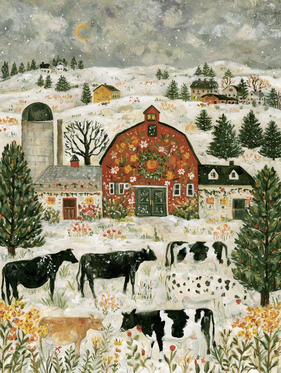 A folk art style painting depicting a snowy countryside scene with a large red barn decorated with a floral wreath, several cows standing in the snow, evergreen trees, and distant houses on rolling hills under a cloudy sky with a crescent moon.