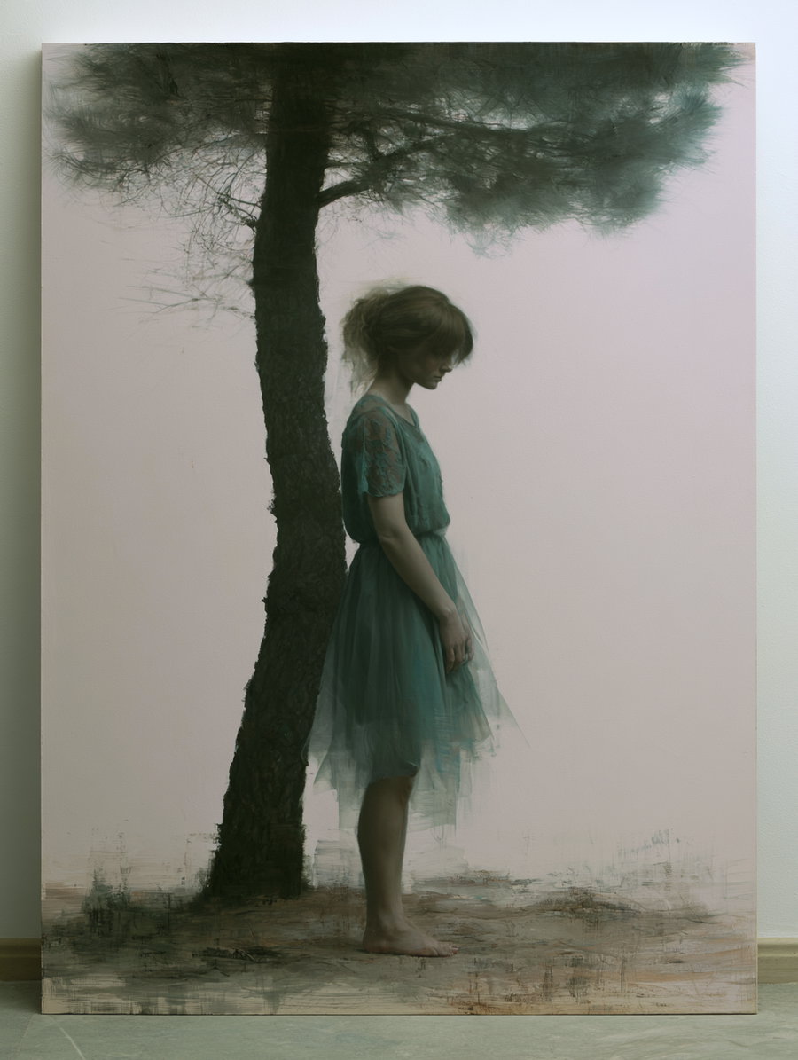 A painting of a woman in a green dress standing barefoot with her side profile visible next to a tall tree with dark green foliage against a pale muted background