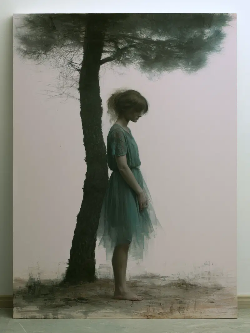 Melancholic portrait of a woman standing barefoot by a tree in soft muted tones