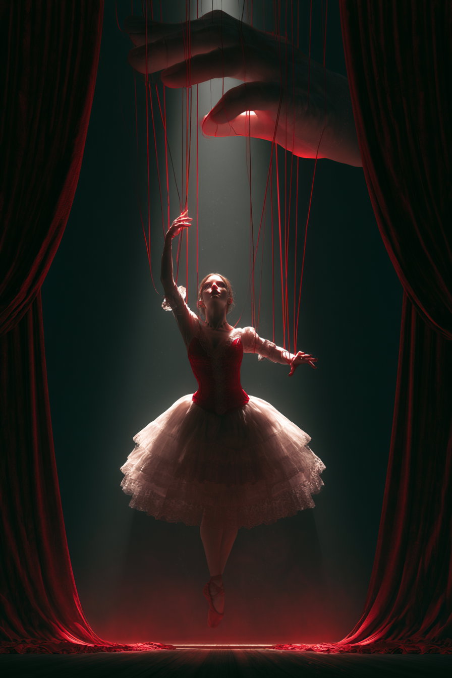 A ballerina in a white tutu and red corset is depicted as a marionette doll controlled by red strings attached to a large hand above, set on a theatrical stage with dark background and red curtains.