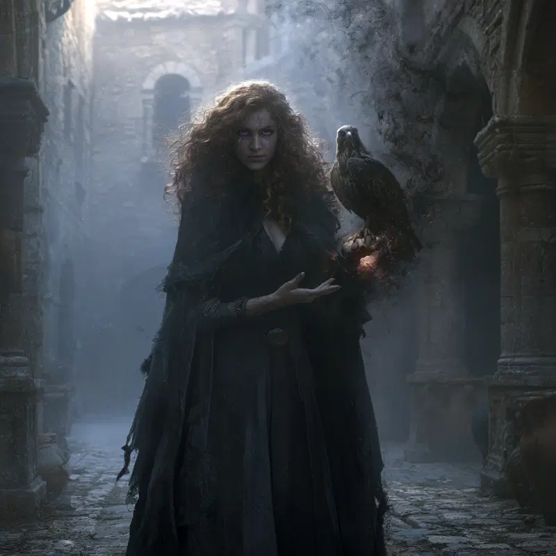 Dark fantasy character with glowing purple eyes holding a magical hawk in ancient ruins