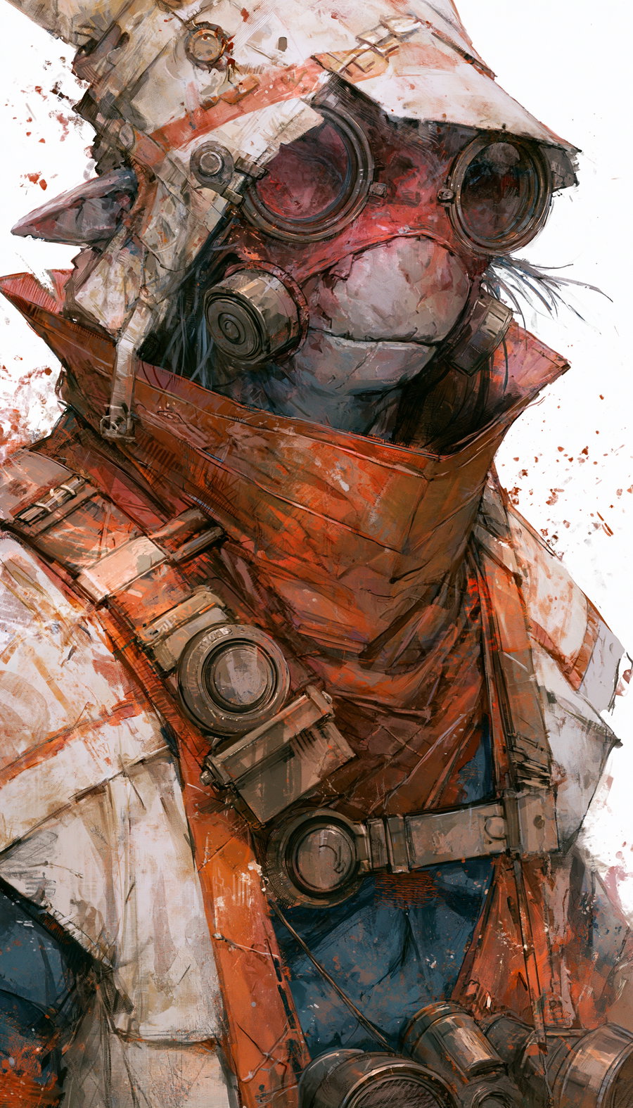 A humanoid figure with frog-like facial features wearing large round goggles, a high collar, and a helmet, dressed in worn orange and white fabric with metal circular details and straps