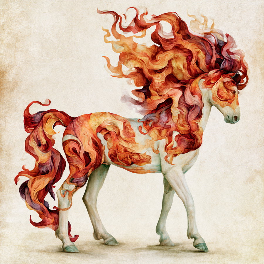 A white horse with swirling fiery orange, red, and yellow abstract patterns on its body and mane, standing against a beige textured background