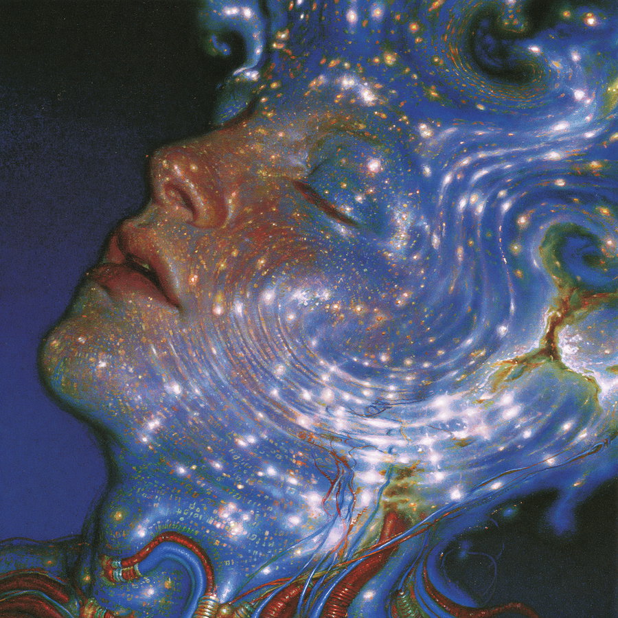 A surreal profile portrait of a face with eyes closed, covered in glowing, swirling patterns resembling stars and cosmic elements on a blue background