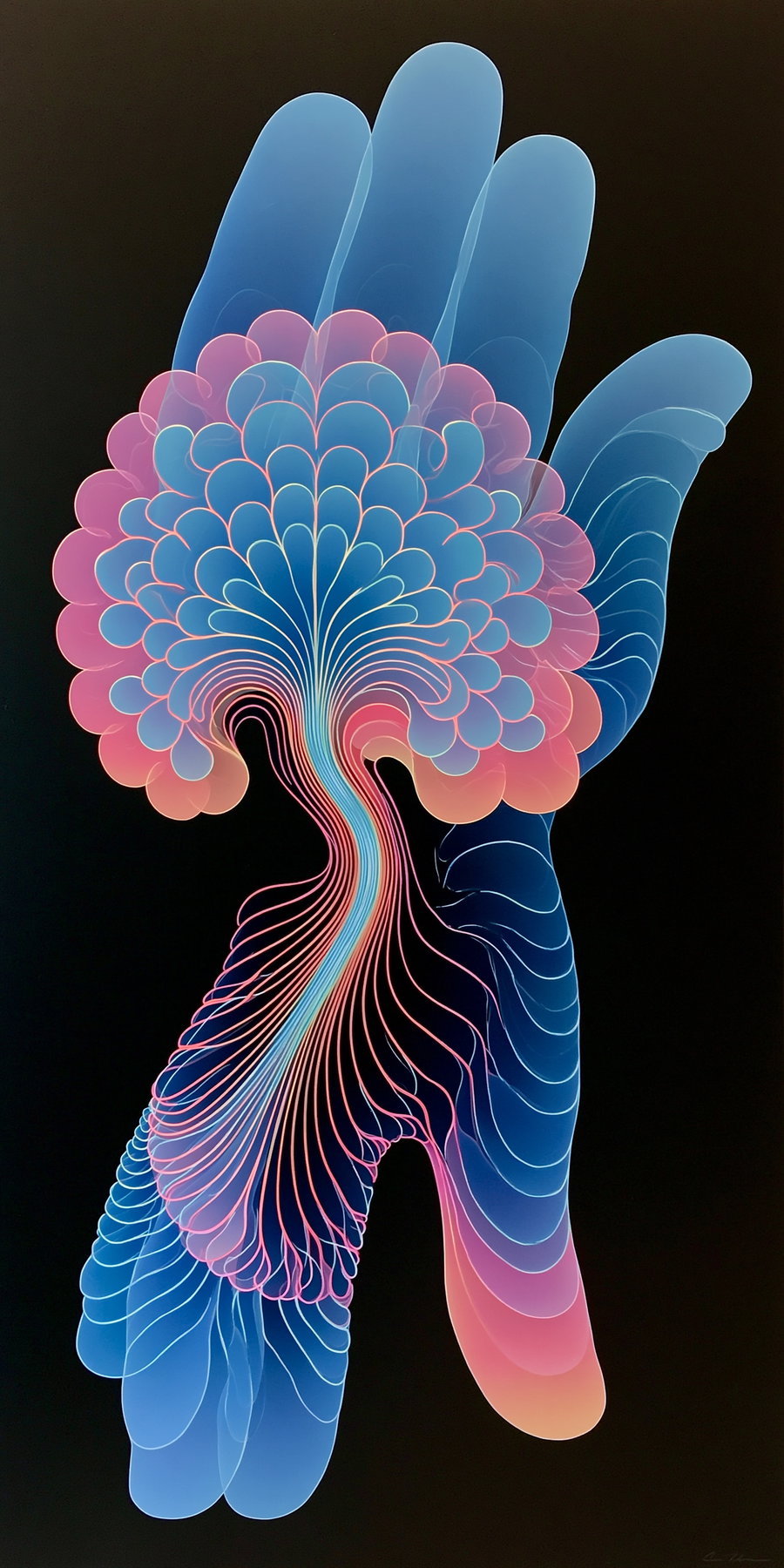 abstract digital art featuring layered translucent organic shapes in shades of blue and pink on a black background