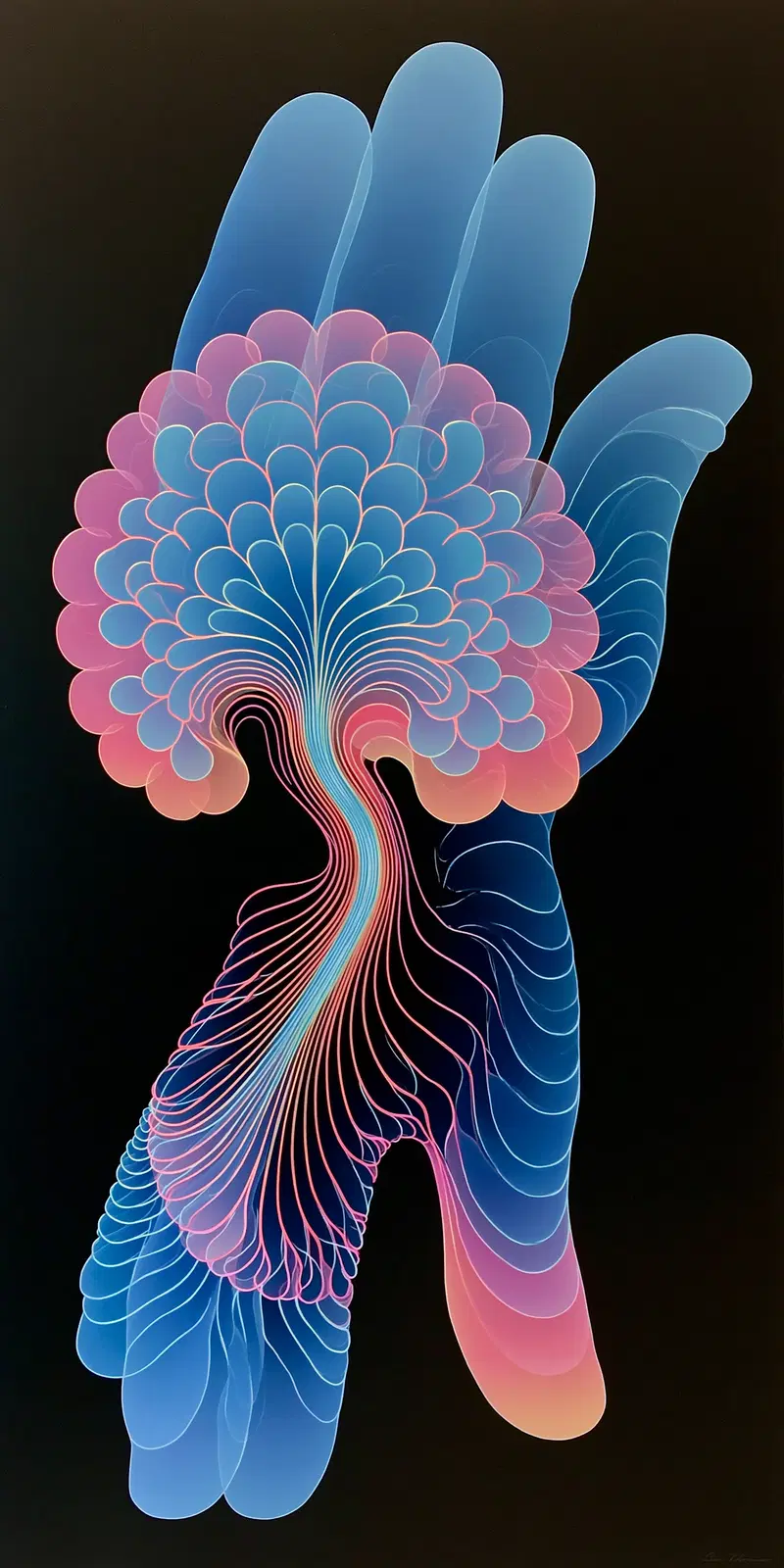 Abstract digital artwork of layered translucent organic shapes in blue and pink