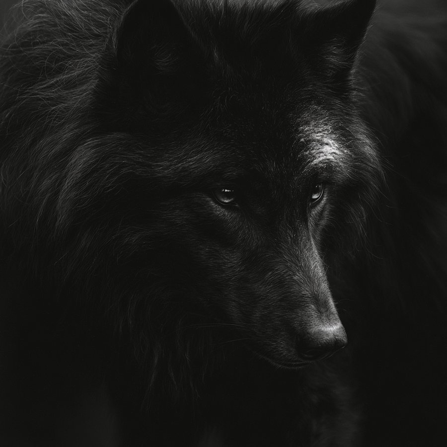 Close-up fine art photograph of a black wolf with detailed fur texture and reflective eyes against a dark background