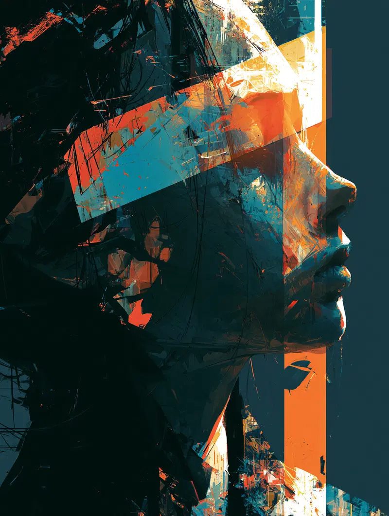 Abstract digital artistic portrait with striking geometric color overlays