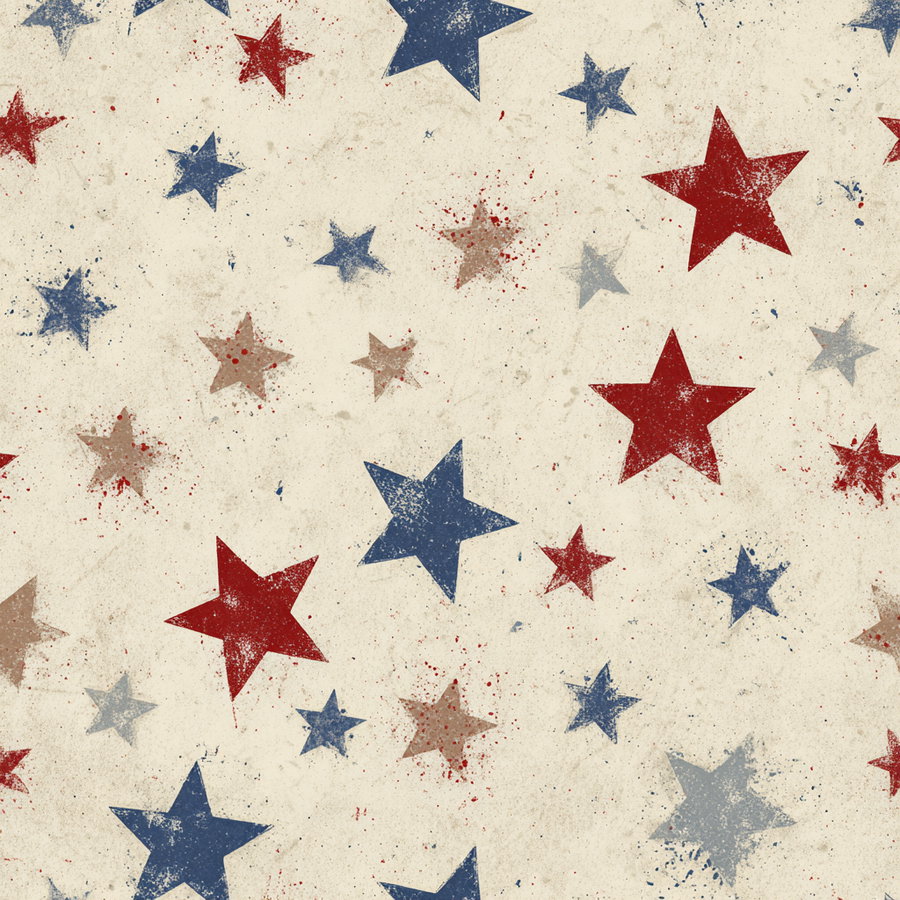 A textured cream background with scattered stars in red, blue, and beige colors, some with paint splatter effects, creating a worn vintage look