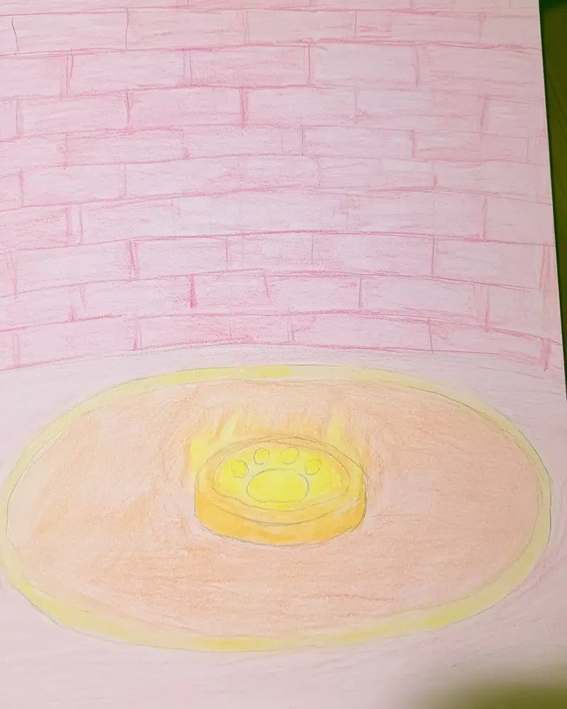 Dreamy pastel drawing featuring a glowing circular shape with flames
