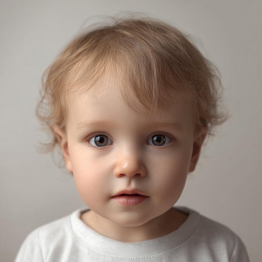 A close-up portrait of a young child with light brown curly hair, big dark eyes, and a neutral expression wearing a white shirt against a soft grey background