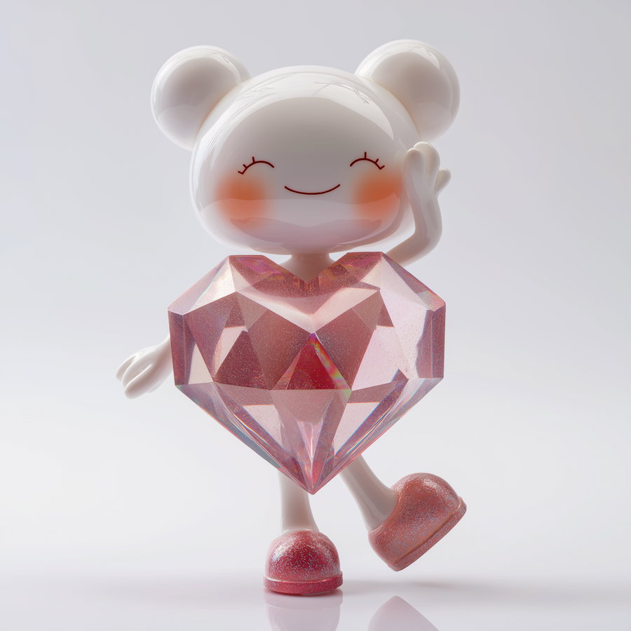 A glossy white bear-like figurine with closed eyes and a smiling face, holding a large faceted pink heart crystal in front of its body, with pink glittery shoes, standing on a reflective white surface with a plain background.