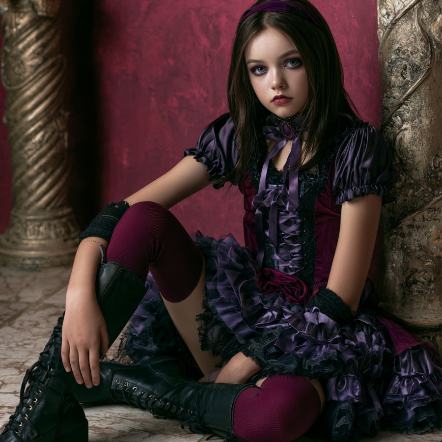 Young woman with long dark hair wearing a dark purple and black Gothic style dress with lace and ribbons, sitting on a marble floor against an ornate golden column and deep red wall background.