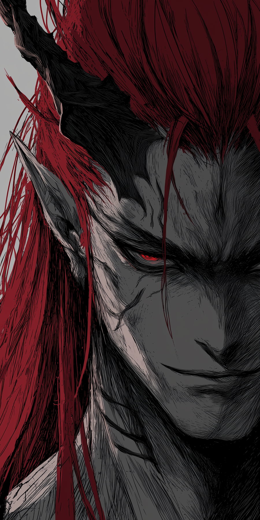 Close-up digital illustration of a fantasy character with dark horns, long red hair, grayish skin, and glowing red eyes, detailed with fine line art