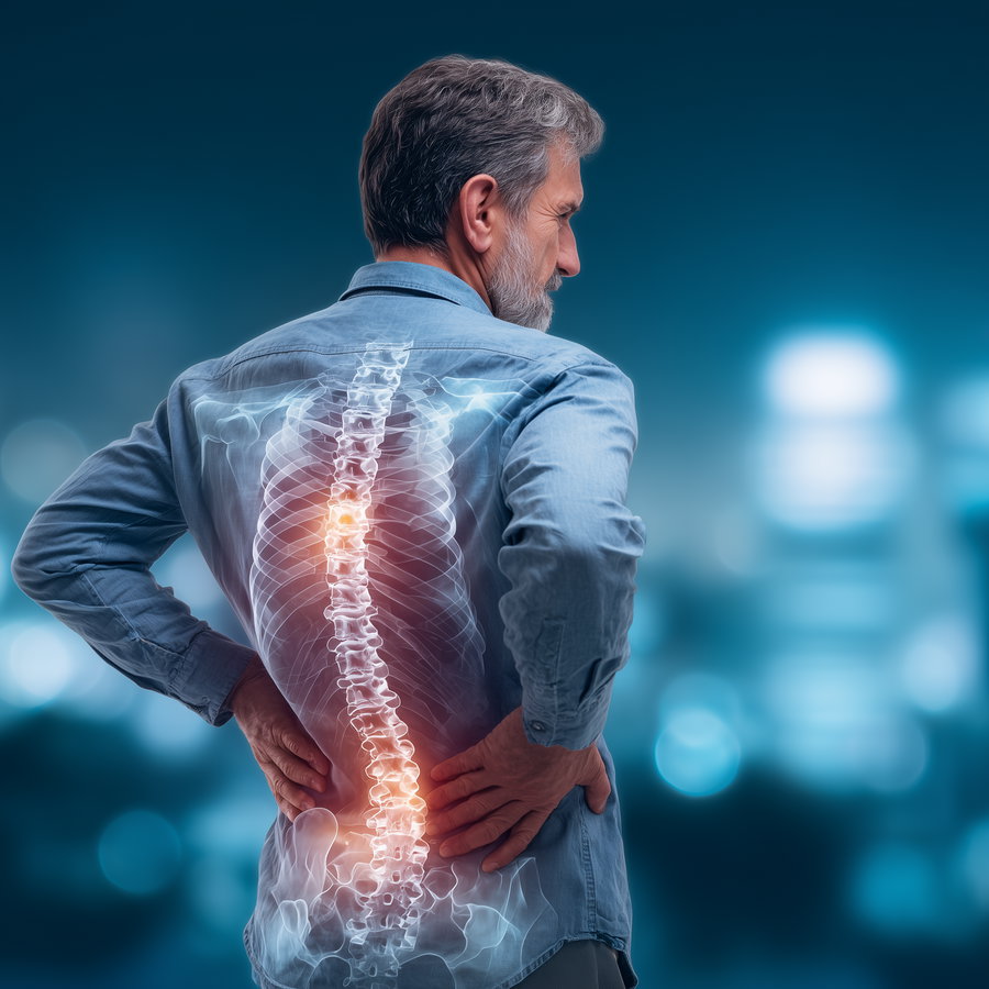 Elderly man with grey hair and beard seen from the back, wearing a blue shirt, with a digital overlay of a spine showing pain points in the lower back