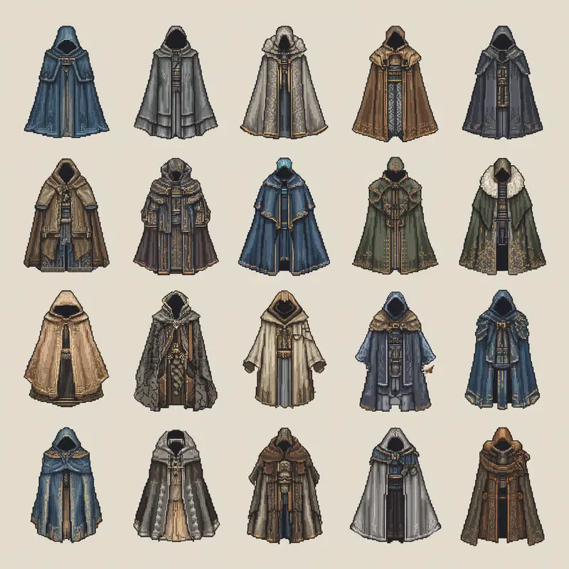Collection of pixel art designs of medieval cloaks and robes in varied colors