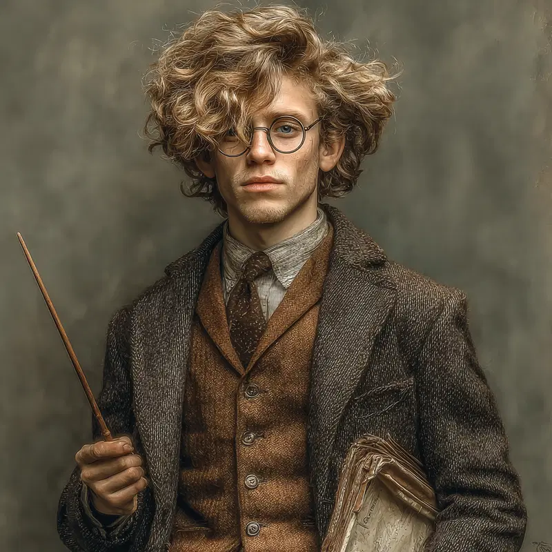 Portrait of a young man in vintage dark academia style with round glasses and vintage clothing holding a wand and old papers