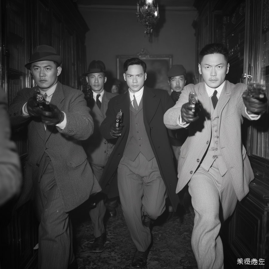 A black and white image showing five men dressed in vintage suits and hats, running down a narrow corridor while aiming guns forward, with a chandelier and framed picture in the background.