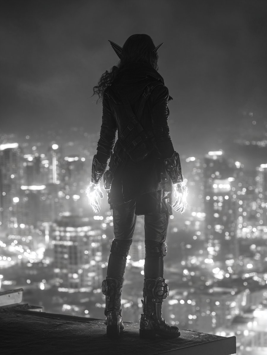 Black and white image of a person with pointed elf-like ears and glowing hands standing on a rooftop with a blurred city skyline in the background