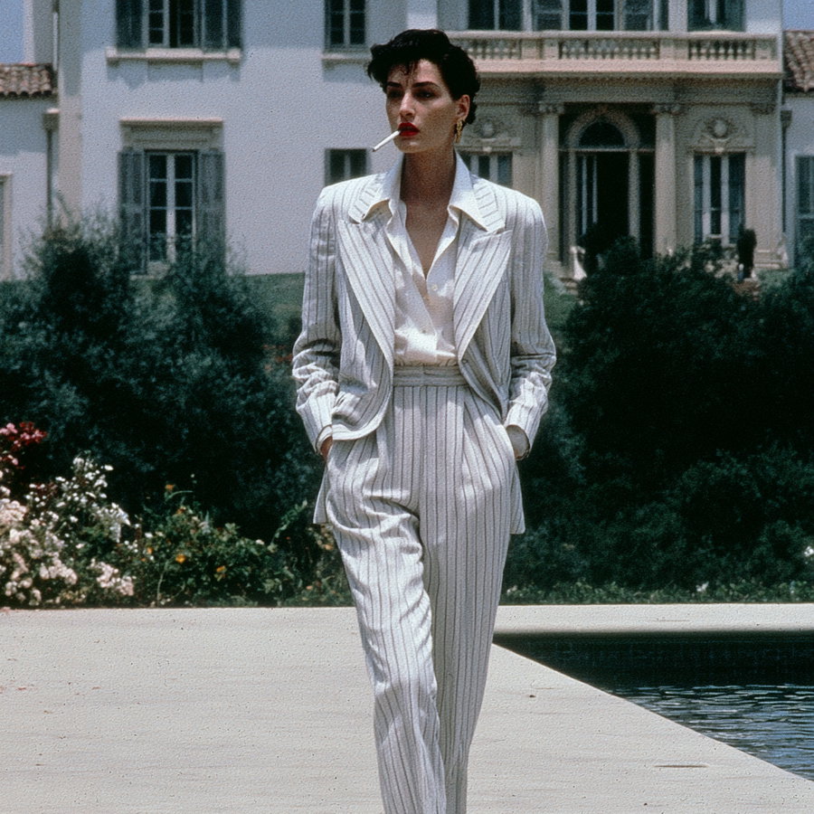 A woman dressed in a white pinstriped suit with a blouse, standing outdoors near a pool with a historic building in the background, holding a cigarette in her mouth.