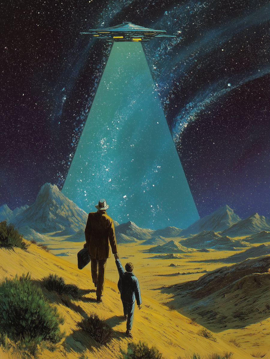 An illustration of a man and child walking on a desert landscape with mountains, illuminated by a wide beam of light from a hovering UFO under a starry night sky.
