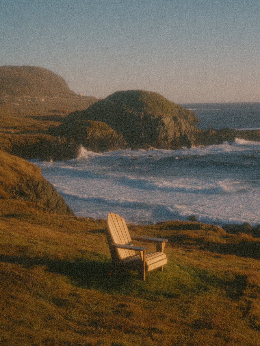 A wooden Adirondack chair sits on grassy cliffs overlooking the ocean waves crashing against rocky shores under a clear sky at sunset.
