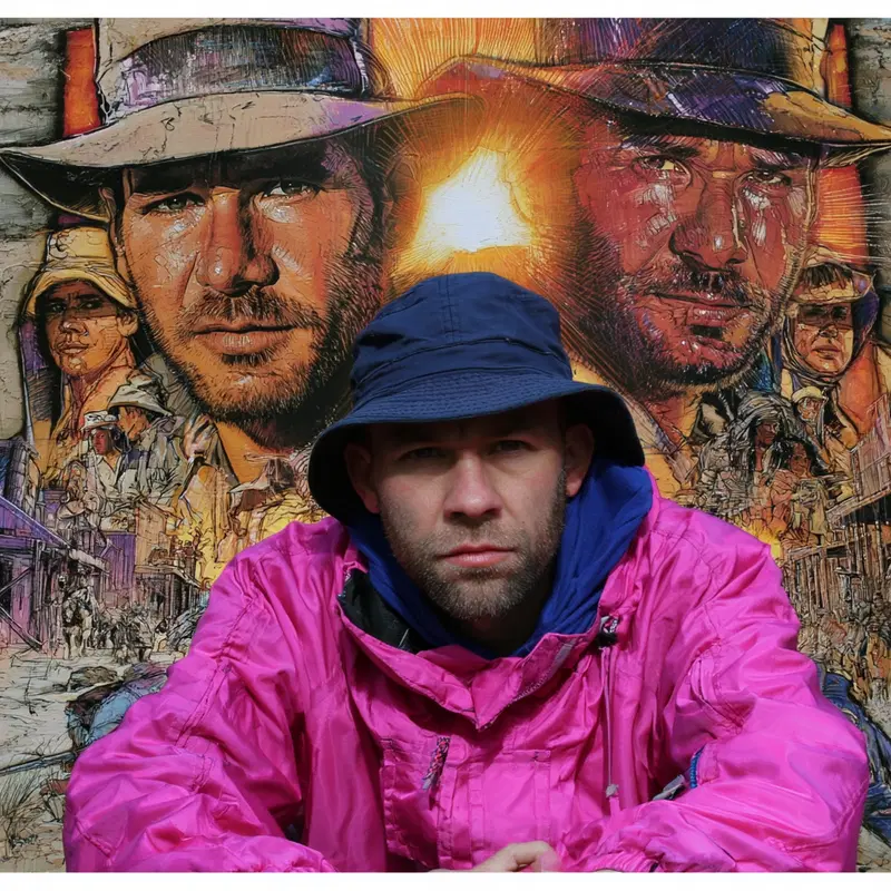 Man in bright pink jacket and blue hat sitting in front of bold painted mural