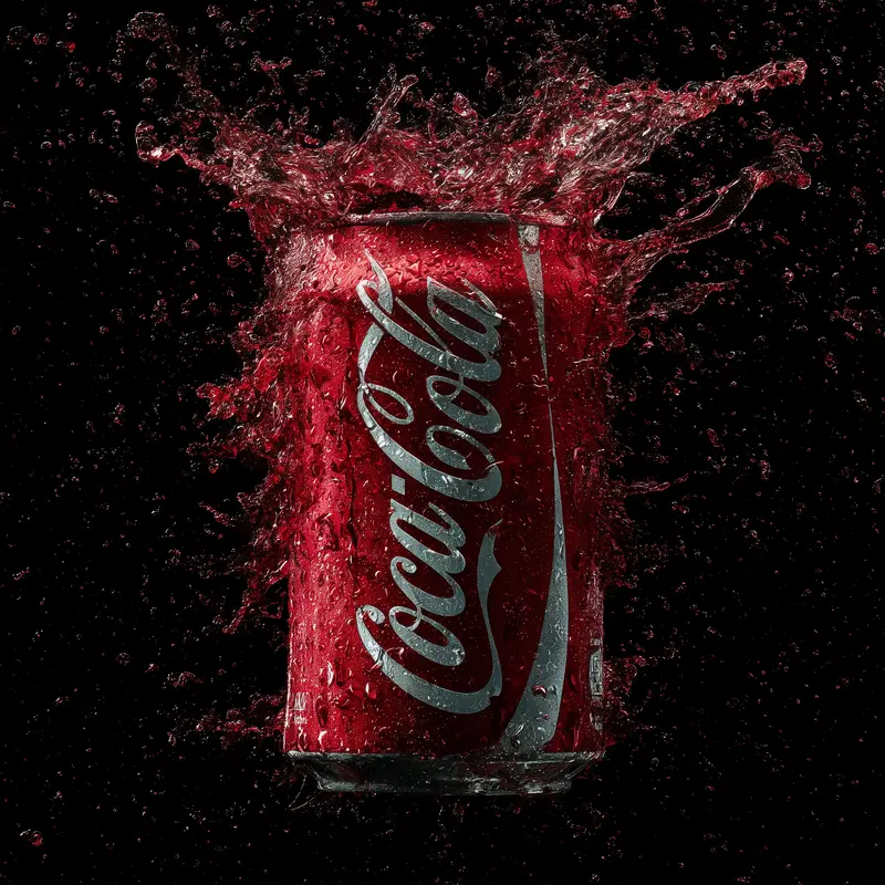 Dynamic image of a wet Coca-Cola can splashing against a black background