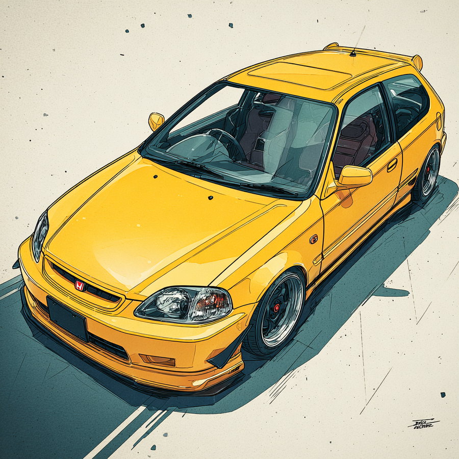 A detailed digital artwork showing a yellow Honda Civic car with custom modifications viewed from above on a light background.