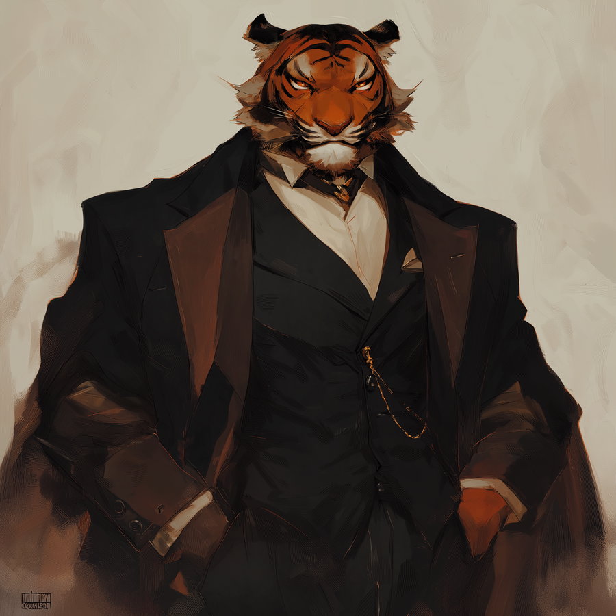 Illustration of a tiger with an intense gaze wearing a black suit, white shirt, and a tie, with hands in pockets against a neutral background