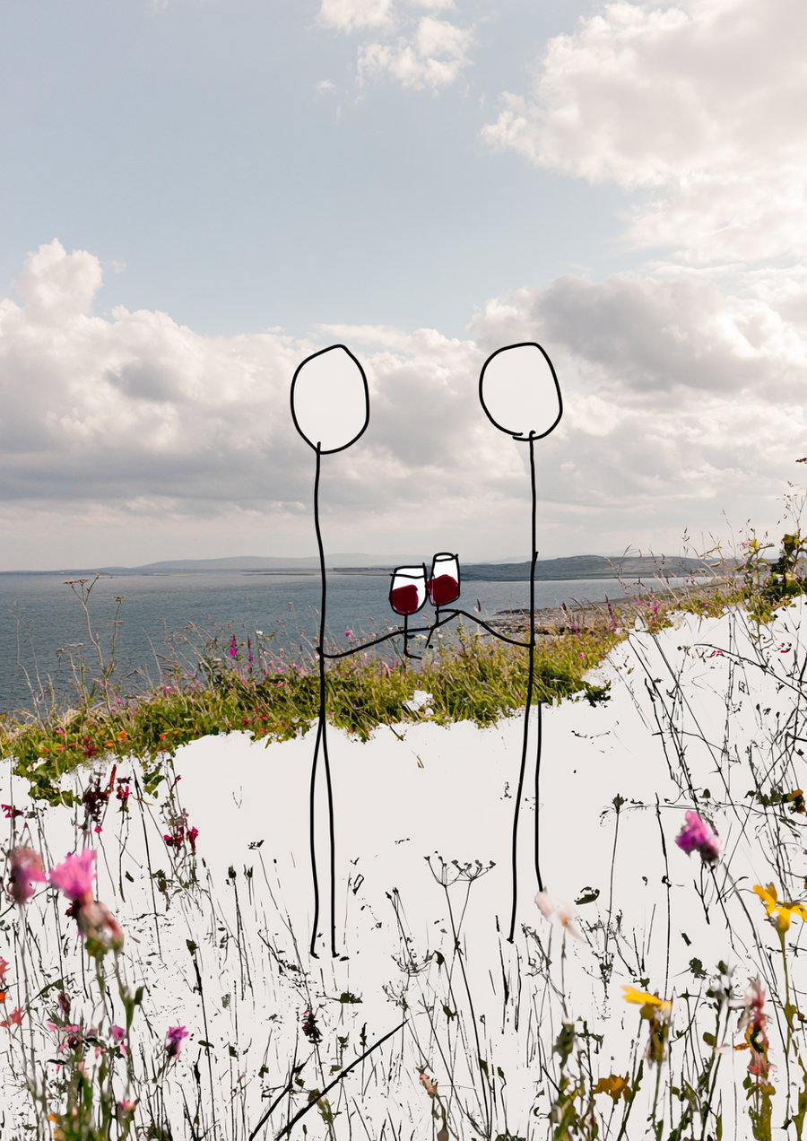 Photograph of a grassy hillside with flowers by the sea under a cloudy sky, featuring two black line-drawn stick figures holding two red wine glasses.
