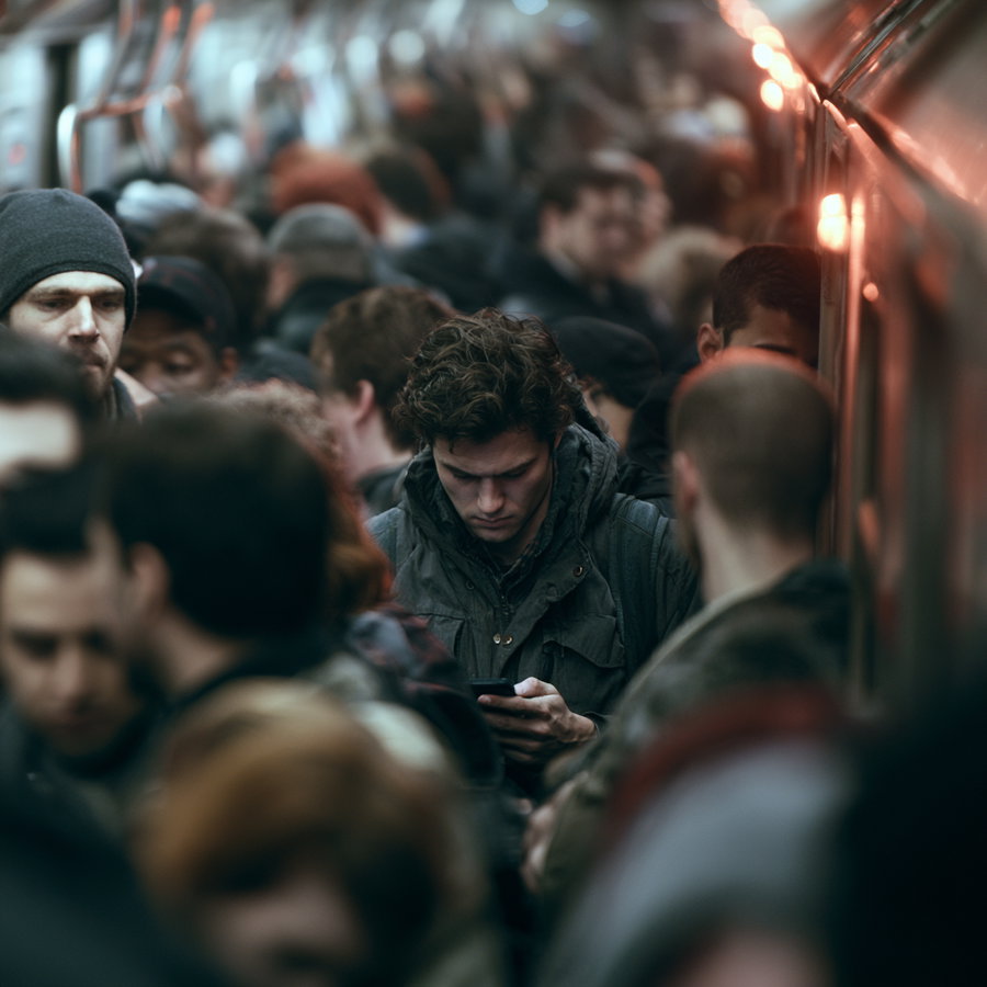 A densely packed train carriage with many passengers standing closely, the central figure is a young man looking down at his phone, surrounded by other commuters in winter clothing.