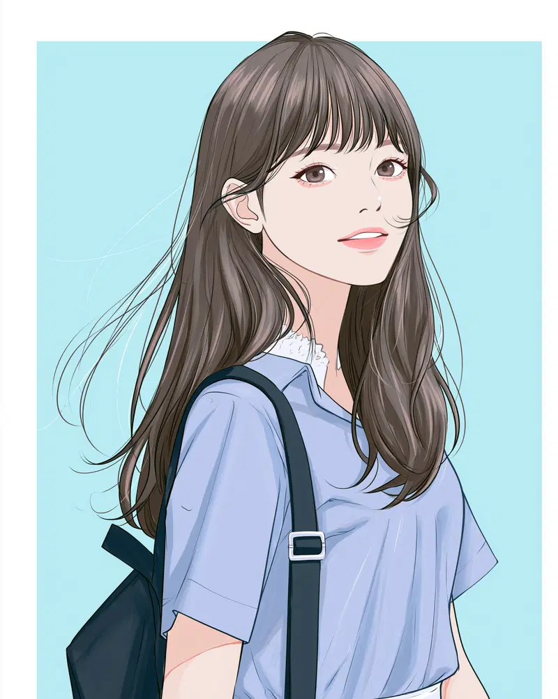 Digital portrait of a smiling young woman with long hair wearing a blue shirt and black backpack