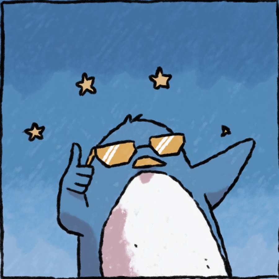 Illustration of a blue penguin with white and pink belly wearing yellow sunglasses with a hand making a pointing gesture and stars around its head against a blue background