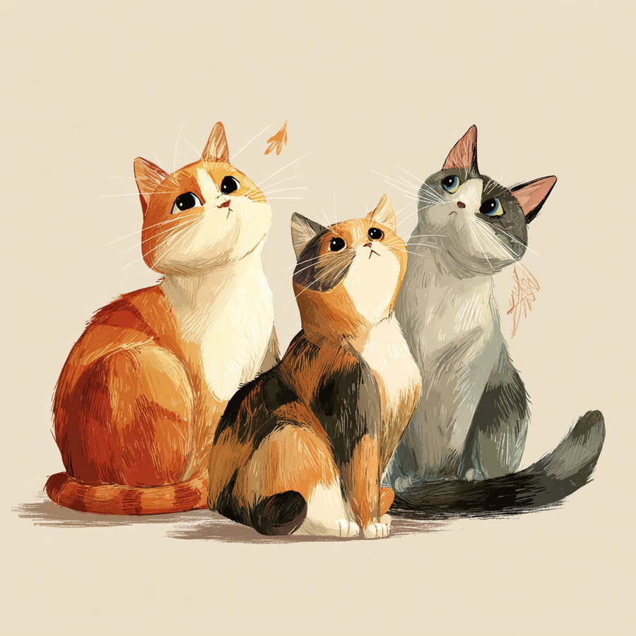 Digital drawing of three cats sitting and looking up at a small flying butterfly on a beige background