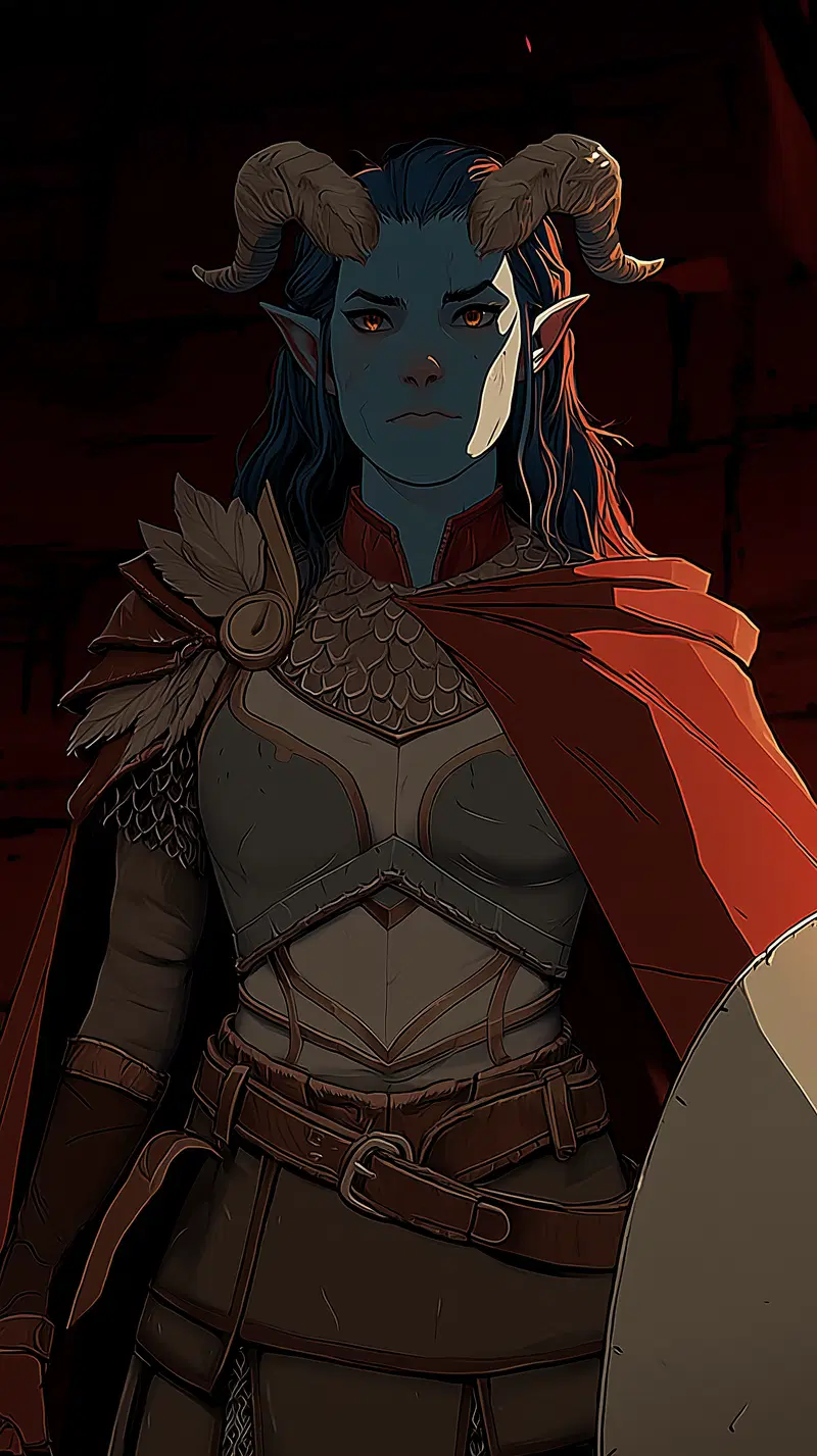Dark fantasy warrior with horns and medieval armor in shadowy setting