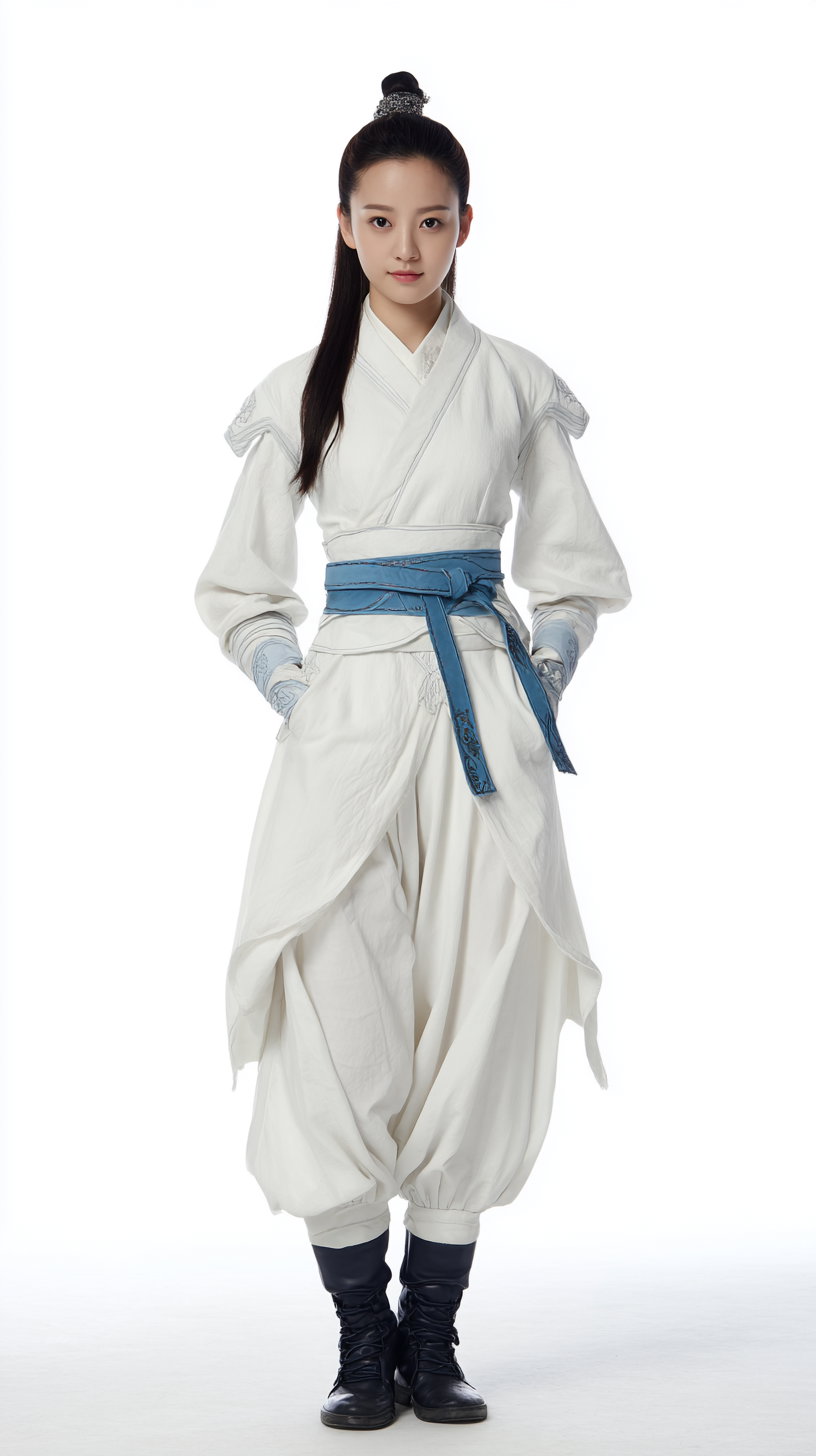 A young woman dressed in traditional European style clothing featuring a white layered outfit with a blue sash belt, black boots, and hair tied in a high bun, standing against a white background.