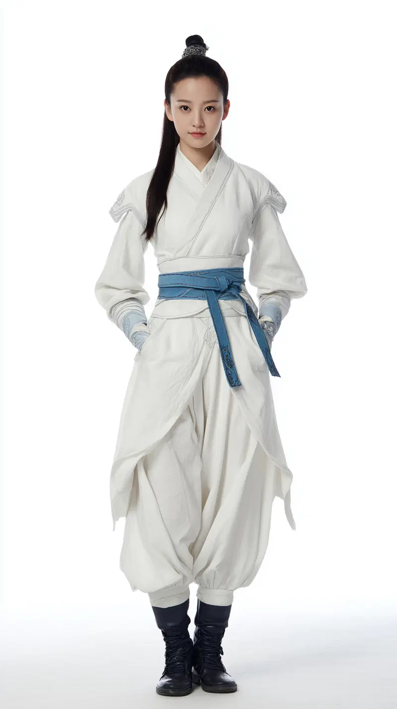 Portrait of woman in classic European inspired white attire with blue sash
