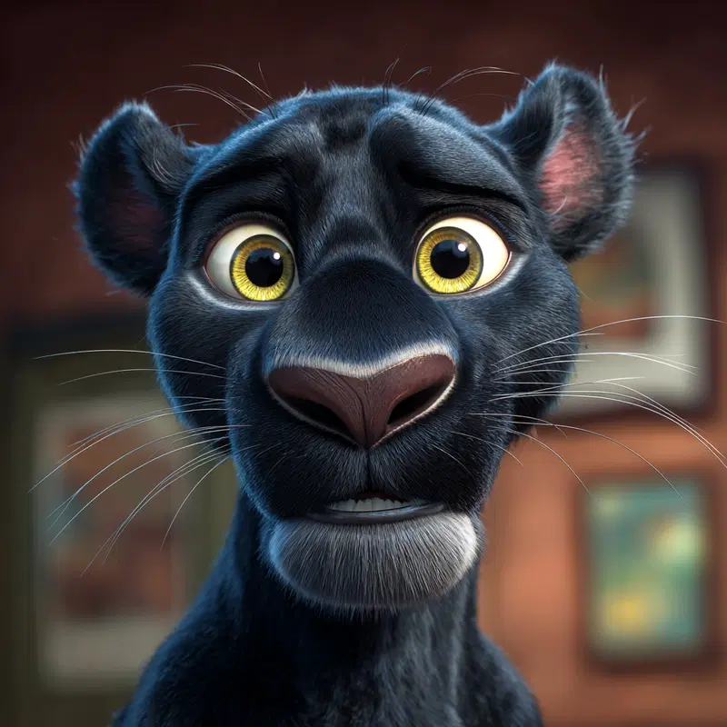 Close-up of a black panther character with wide yellow eyes in a room