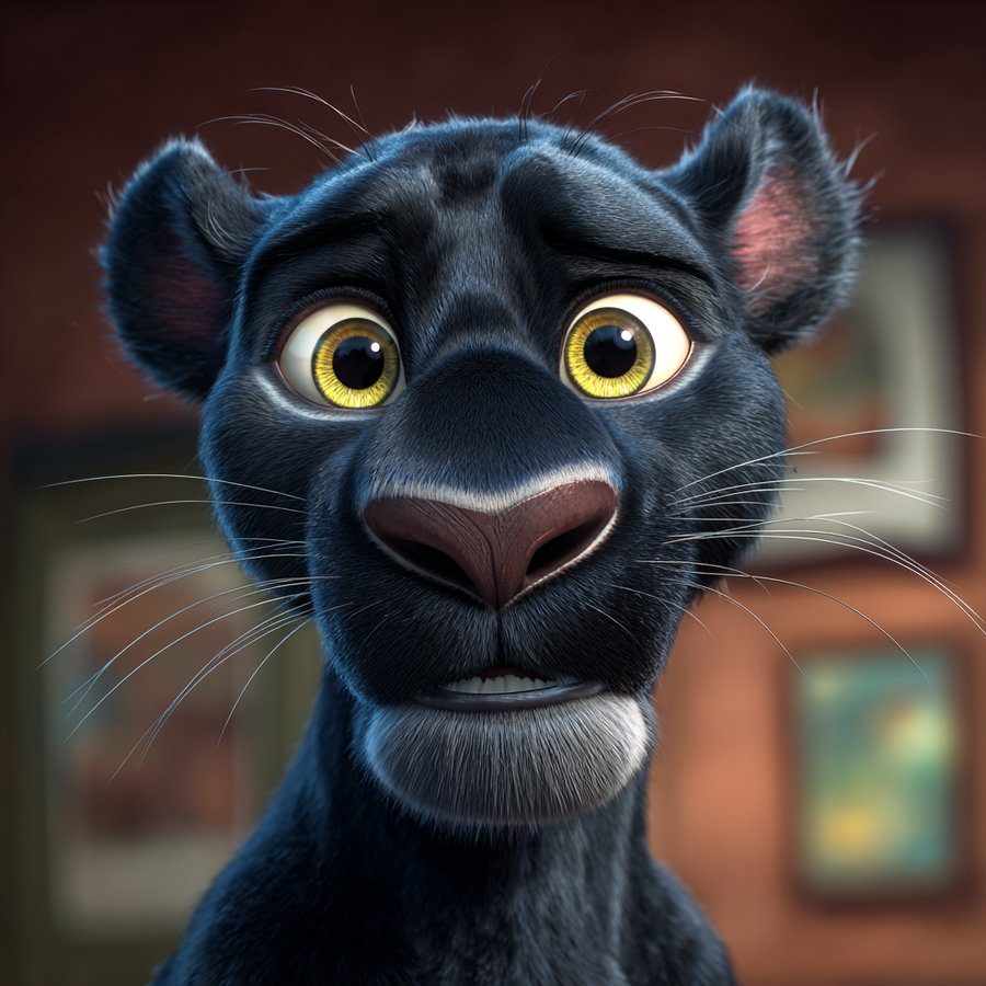 A detailed close-up digital illustration of a black panther with large yellow eyes and expressive facial features, set against a blurred background with framed pictures on the wall.
