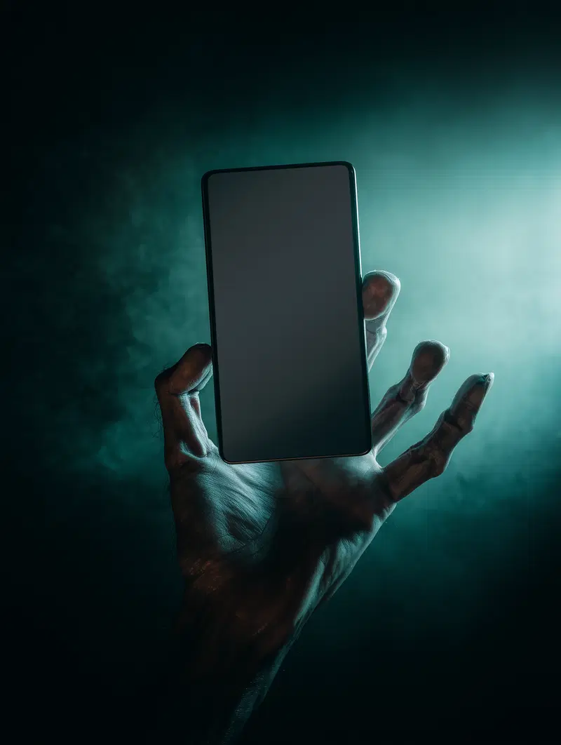 Dark and moody hand holding a blank smartphone in eerie lighting