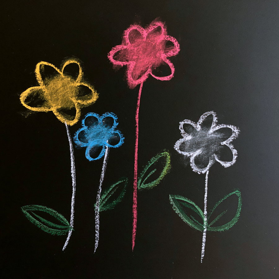 Four simple flowers drawn with chalk in yellow, blue, red, and white, with green leaves and white or red stems on a black surface