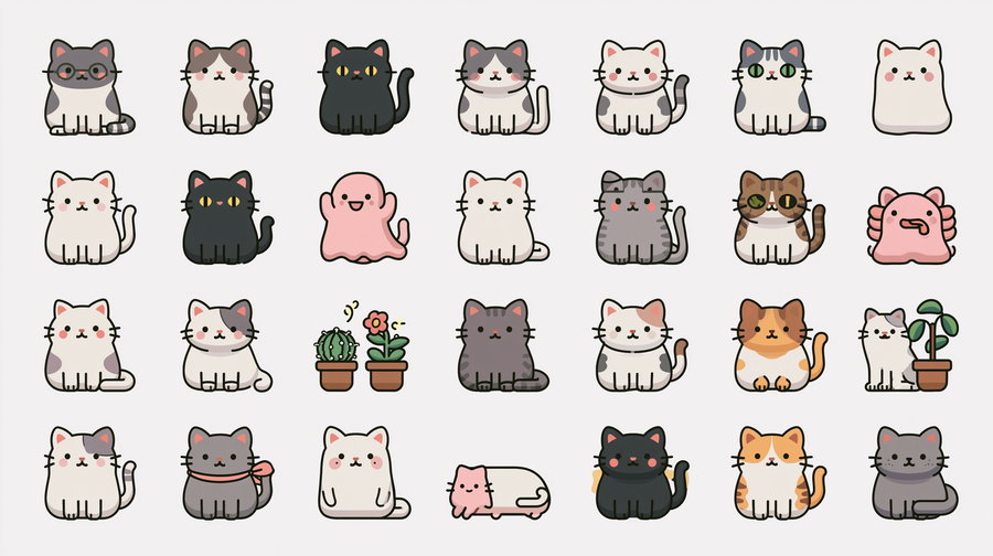Grid of 30 adorable cartoon cats in various poses and colors, including two small pink creatures, three potted plants, and one cat holding a small kitten