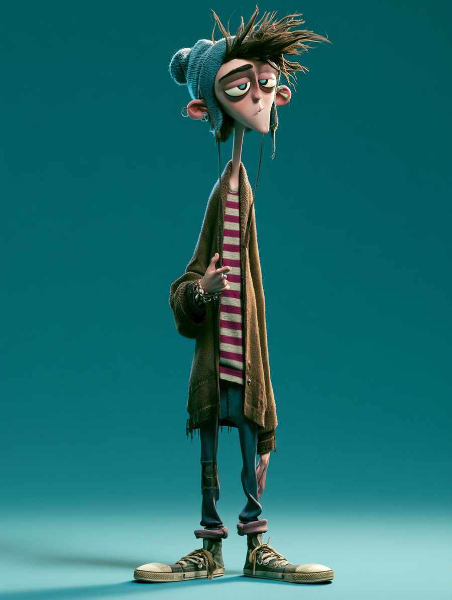 Tall, slender animated young man with messy hair, blue beanie, striped shirt, oversized brown cardigan, torn jeans, and worn sneakers against a teal background