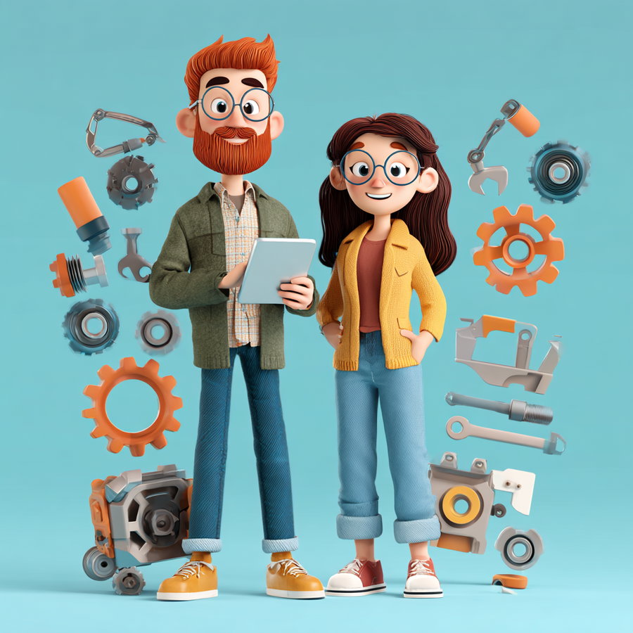 3D rendered cartoon characters of a man with red hair and beard holding a tablet, and a woman with long brown hair, both wearing glasses and casual clothes, standing amidst floating mechanical parts and gears on a light blue background
