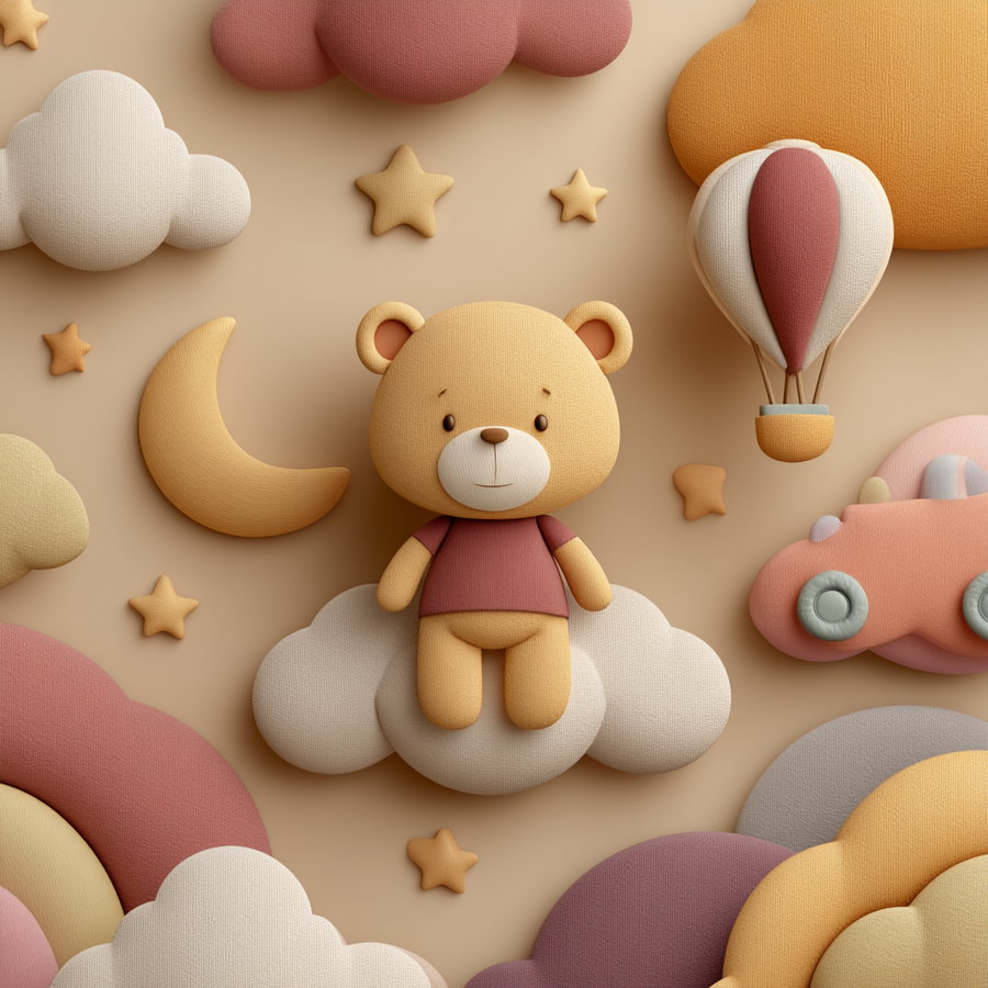 3D fabric-textured art featuring a plush teddy bear sitting on a cloud surrounded by clouds, stars, a crescent moon, a hot air balloon, and a toy car in soft pastel colors