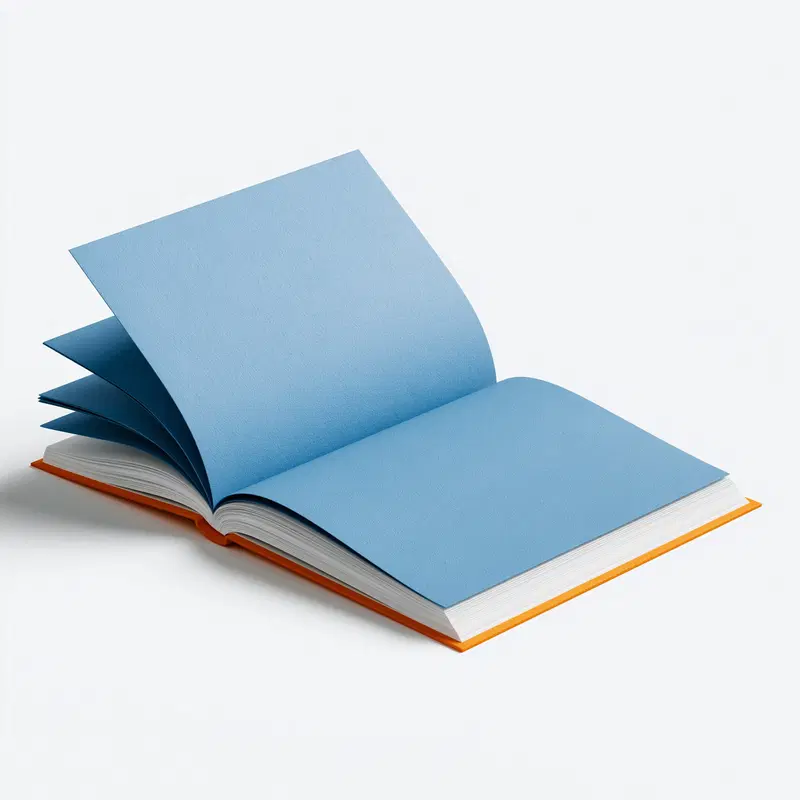 Open book featuring blank blue pages and an orange hardcover