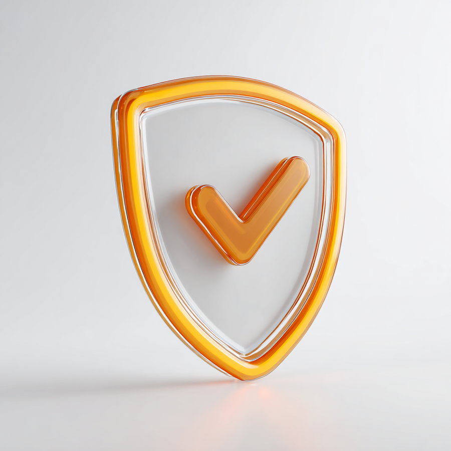 3D rendered transparent glass shield with an orange outline and checkmark inside on a light gray background