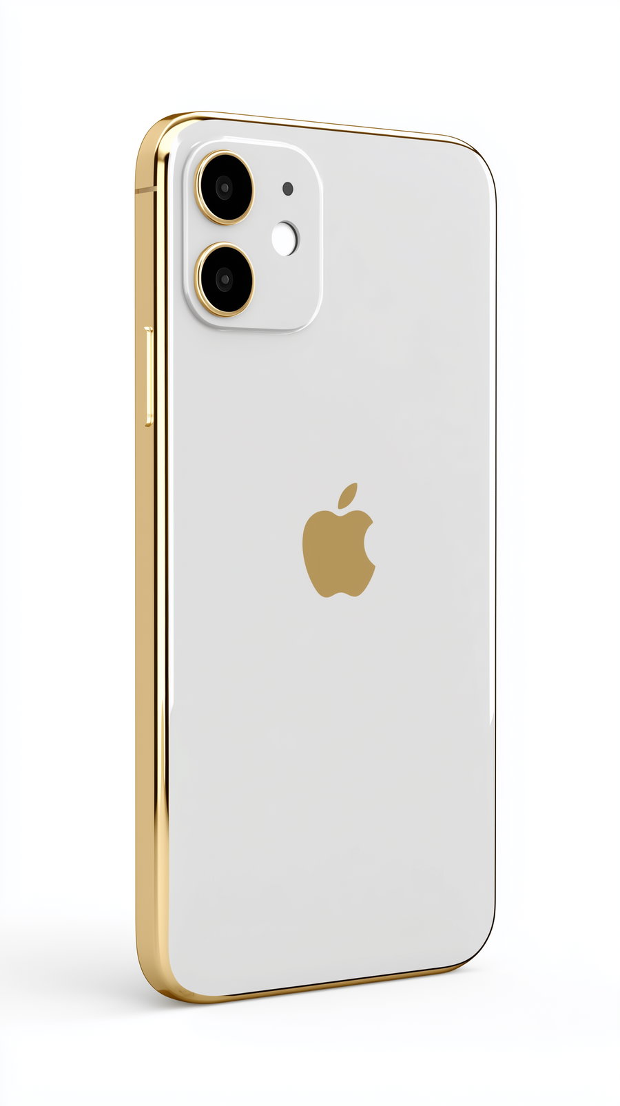 Back view of a white smartphone with gold edges and apple logo, dual camera lenses and flash on white background