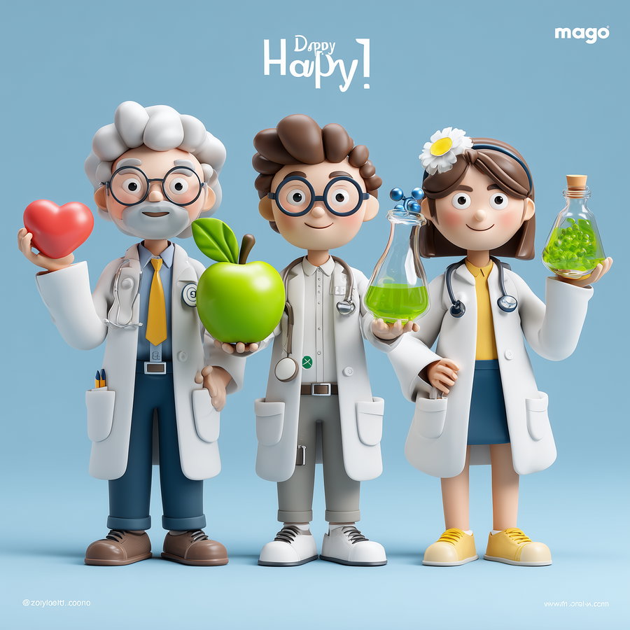 3D cartoon-style doctors with glasses and lab coats holding a red heart, green apple, and green liquid-filled flasks against a blue background